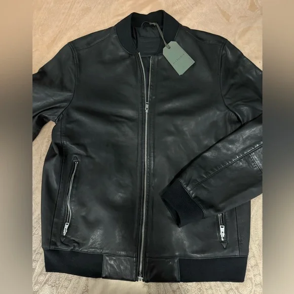 All Saints Niko Black Leather Bomber Jacket Sz L